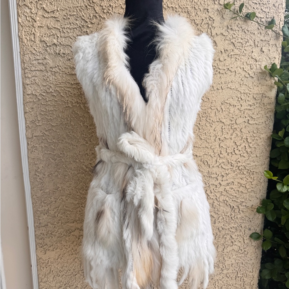 Adore Japan Genuine Rabbit & Raccoon Fur Vest – White Knit Trim – Size S – NWT
